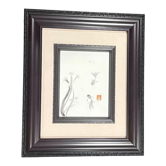 JM Kijima Signed Watercolor Painting Japanese Koi Fish Sea Life 22x26 Wood Frame